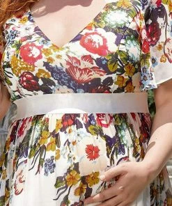 Ever-Pretty US Floral Print V-Neck Short Sleeve Ruffle Bump Friendly Dress