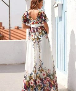 Ever-Pretty US Floral Print V-Neck Short Sleeve Ruffle Bump Friendly Dress