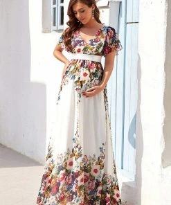 Ever-Pretty US Floral Print V-Neck Short Sleeve Ruffle Bump Friendly Dress