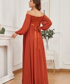 Ever-Pretty US Maternity Dresses Off-Shoulder Sheer Lace Long Sleeve Bump Friendly Dress
