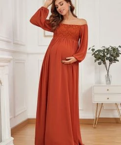 Ever-Pretty US Maternity Dresses Off-Shoulder Sheer Lace Long Sleeve Bump Friendly Dress