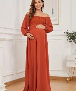 Ever-Pretty US Maternity Dresses Off-Shoulder Sheer Lace Long Sleeve Bump Friendly Dress