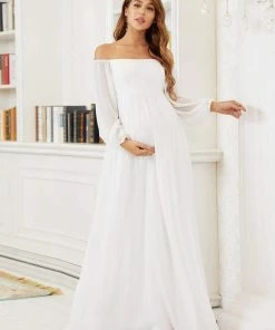 Ever-Pretty US Maternity Dresses Off-Shoulder Sheer Lace Long Sleeve Bump Friendly Dress
