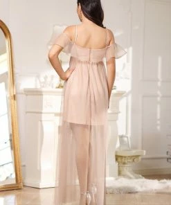 Ever-Pretty US Sheer Ruffle Cold Shoulder Double Skirt Maternity Dress