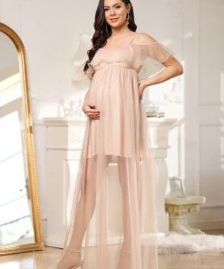 Ever-Pretty US Sheer Ruffle Cold Shoulder Double Skirt Maternity Dress