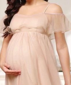 Ever-Pretty US Sheer Ruffle Cold Shoulder Double Skirt Maternity Dress