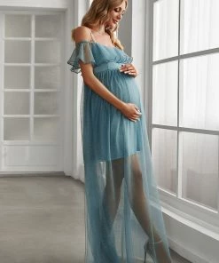 Ever-Pretty US Sheer Ruffle Cold Shoulder Double Skirt Maternity Dress