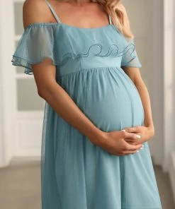 Ever-Pretty US Sheer Ruffle Cold Shoulder Double Skirt Maternity Dress