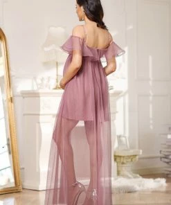 Ever-Pretty US Sheer Ruffle Cold Shoulder Double Skirt Maternity Dress