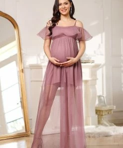 Ever-Pretty US Sheer Ruffle Cold Shoulder Double Skirt Maternity Dress