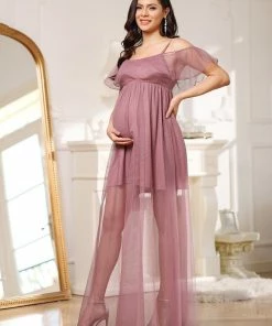 Ever-Pretty US Sheer Ruffle Cold Shoulder Double Skirt Maternity Dress