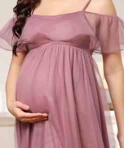 Ever-Pretty US Sheer Ruffle Cold Shoulder Double Skirt Maternity Dress