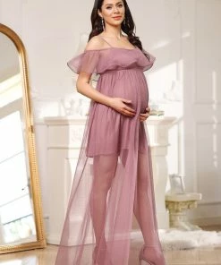 Ever-Pretty US Sheer Ruffle Cold Shoulder Double Skirt Maternity Dress