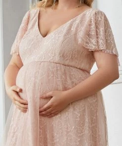 Ever-Pretty US SHOP BY OCCASION Plus Size Floral Lace Flutter Sleeve V-Neck Formal Maternity Dress