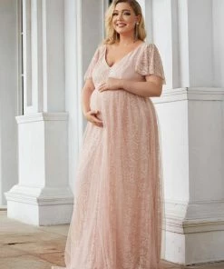Ever-Pretty US SHOP BY OCCASION Plus Size Floral Lace Flutter Sleeve V-Neck Formal Maternity Dress