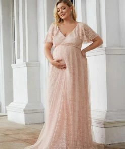 Ever-Pretty US SHOP BY OCCASION Plus Size Floral Lace Flutter Sleeve V-Neck Formal Maternity Dress