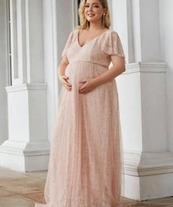 Ever-Pretty US SHOP BY OCCASION Plus Size Floral Lace Flutter Sleeve V-Neck Formal Maternity Dress
