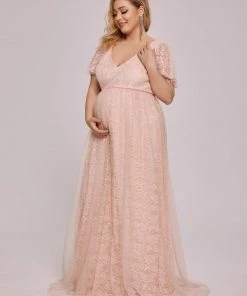 Ever-Pretty US SHOP BY OCCASION Plus Size Floral Lace Flutter Sleeve V-Neck Formal Maternity Dress