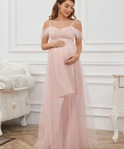 Ever-Pretty US Feather Trim Cold Shoulder Double Skirt Maternity Dress