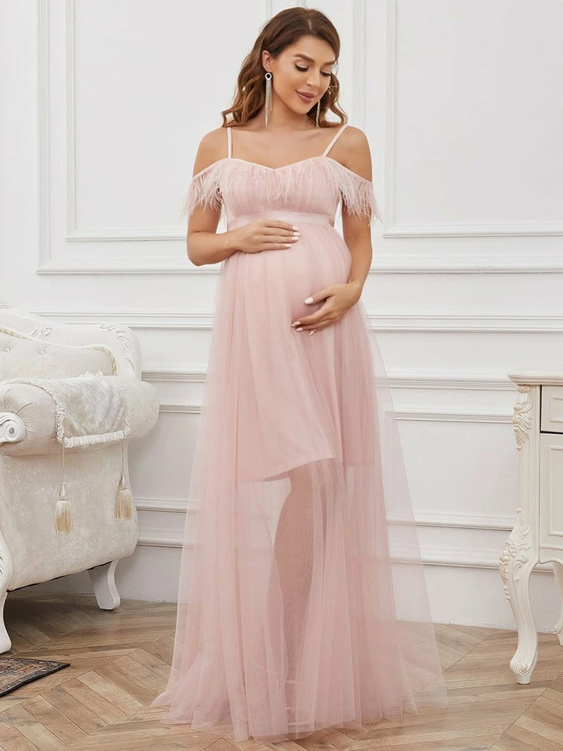 Ever-Pretty US Feather Trim Cold Shoulder Double Skirt Maternity Dress 1 Ever-Pretty US Feather Trim Cold Shoulder Double Skirt Maternity Dress