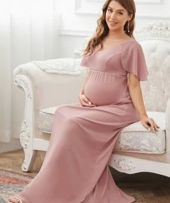Ever-Pretty US A-Line Chiffon Flutter Sleeve Applique Floor-Length Maternity Dress