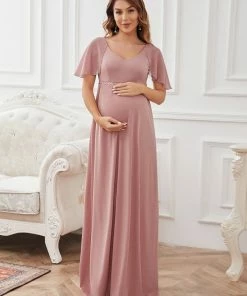 Ever-Pretty US A-Line Chiffon Flutter Sleeve Applique Floor-Length Maternity Dress
