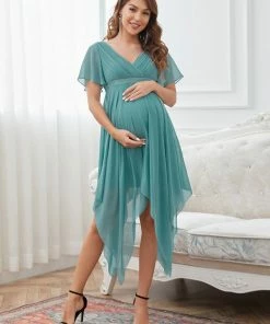 Ever-Pretty US Maternity Dresses Asymmetrical Hem V-neck Chiffon Flutter Sleeve Maternity Dress