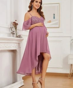 Ever-Pretty US Cold Shoulder Sequin High Low Maternity Dress With Sleeves Maternity Dresses