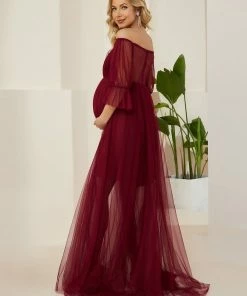 Ever-Pretty US Maternity Dresses Sheer Off-Shoulder Double Skirt Maxi Maternity Dress