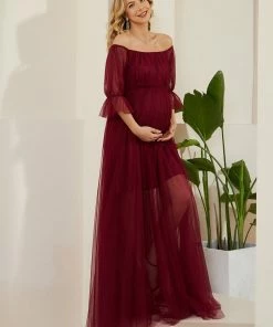Ever-Pretty US Maternity Dresses Sheer Off-Shoulder Double Skirt Maxi Maternity Dress
