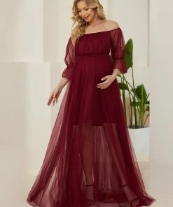 Ever-Pretty US Maternity Dresses Sheer Off-Shoulder Double Skirt Maxi Maternity Dress