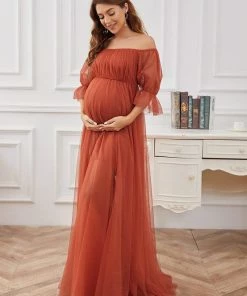 Ever-Pretty US Maternity Dresses Sheer Off-Shoulder Double Skirt Maxi Maternity Dress