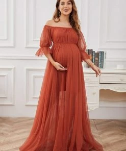 Ever-Pretty US Maternity Dresses Sheer Off-Shoulder Double Skirt Maxi Maternity Dress
