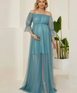 Ever-Pretty US Maternity Dresses Sheer Off-Shoulder Double Skirt Maxi Maternity Dress
