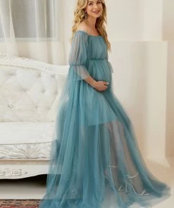 Ever-Pretty US Maternity Dresses Sheer Off-Shoulder Double Skirt Maxi Maternity Dress