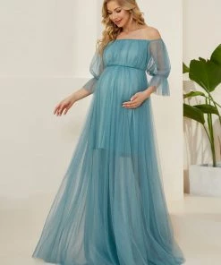 Ever-Pretty US Maternity Dresses Sheer Off-Shoulder Double Skirt Maxi Maternity Dress
