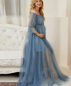 Ever-Pretty US Maternity Dresses Sheer Off-Shoulder Double Skirt Maxi Maternity Dress