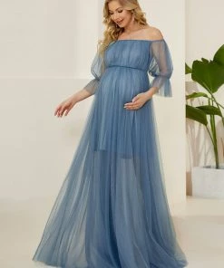 Ever-Pretty US Maternity Dresses Sheer Off-Shoulder Double Skirt Maxi Maternity Dress