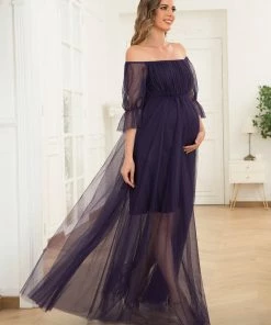 Ever-Pretty US Maternity Dresses Sheer Off-Shoulder Double Skirt Maxi Maternity Dress