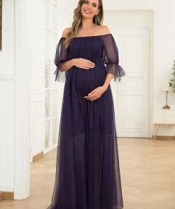 Ever-Pretty US Maternity Dresses Sheer Off-Shoulder Double Skirt Maxi Maternity Dress