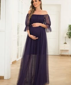 Ever-Pretty US Maternity Dresses Sheer Off-Shoulder Double Skirt Maxi Maternity Dress