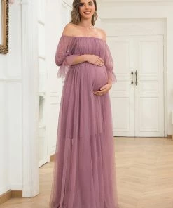 Ever-Pretty US Maternity Dresses Sheer Off-Shoulder Double Skirt Maxi Maternity Dress