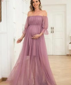 Ever-Pretty US Maternity Dresses Sheer Off-Shoulder Double Skirt Maxi Maternity Dress