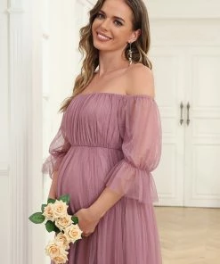 Ever-Pretty US Maternity Dresses Sheer Off-Shoulder Double Skirt Maxi Maternity Dress