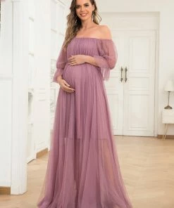 Ever-Pretty US Maternity Dresses Sheer Off-Shoulder Double Skirt Maxi Maternity Dress