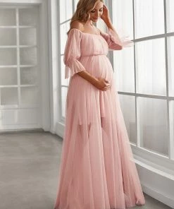 Ever-Pretty US Maternity Dresses Sheer Off-Shoulder Double Skirt Maxi Maternity Dress