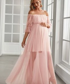 Ever-Pretty US Maternity Dresses Sheer Off-Shoulder Double Skirt Maxi Maternity Dress