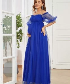Ever-Pretty US Short Balloon Sleeve Sheer Polka Dot A-Line Maternity Dress