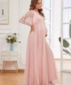 Ever-Pretty US Flutter Sleeve Floor-Length Embroidery Maternity Dress
