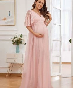 Ever-Pretty US Flutter Sleeve Floor-Length Embroidery Maternity Dress